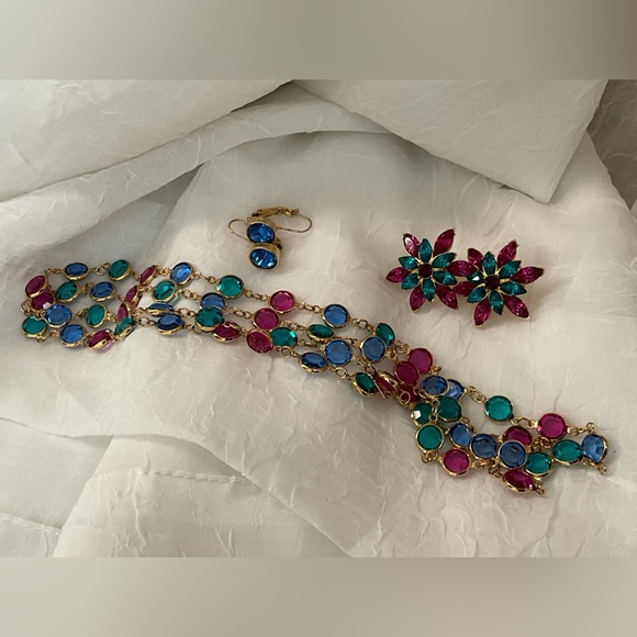 SWAROVSKI Swan MultiColored Bezel Set Crystal Long Necklace & Earrings - Picture 2 of 11